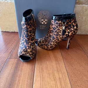 Vince Camuto Leopard Print Peep-Toe Booties